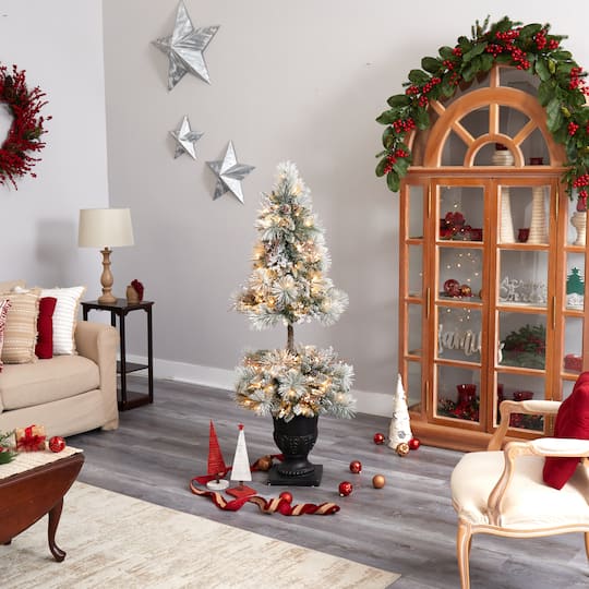 5ft. Pre-Lit Flocked Artificial Christmas Tree in Decorative Urn, White LED Lights